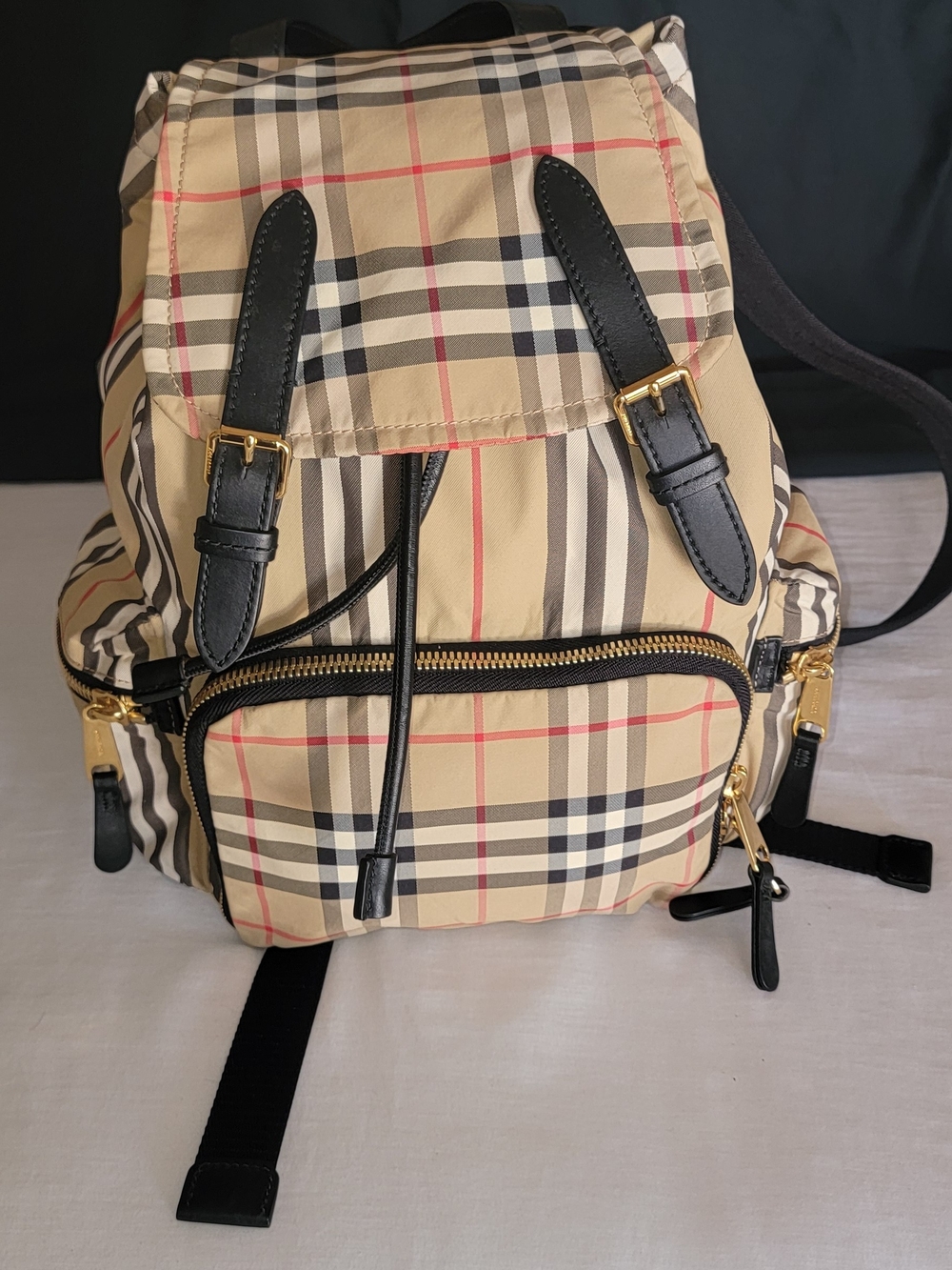 Burberry Beige Check Nylon Backpack with Black Trim and Gold Hardware